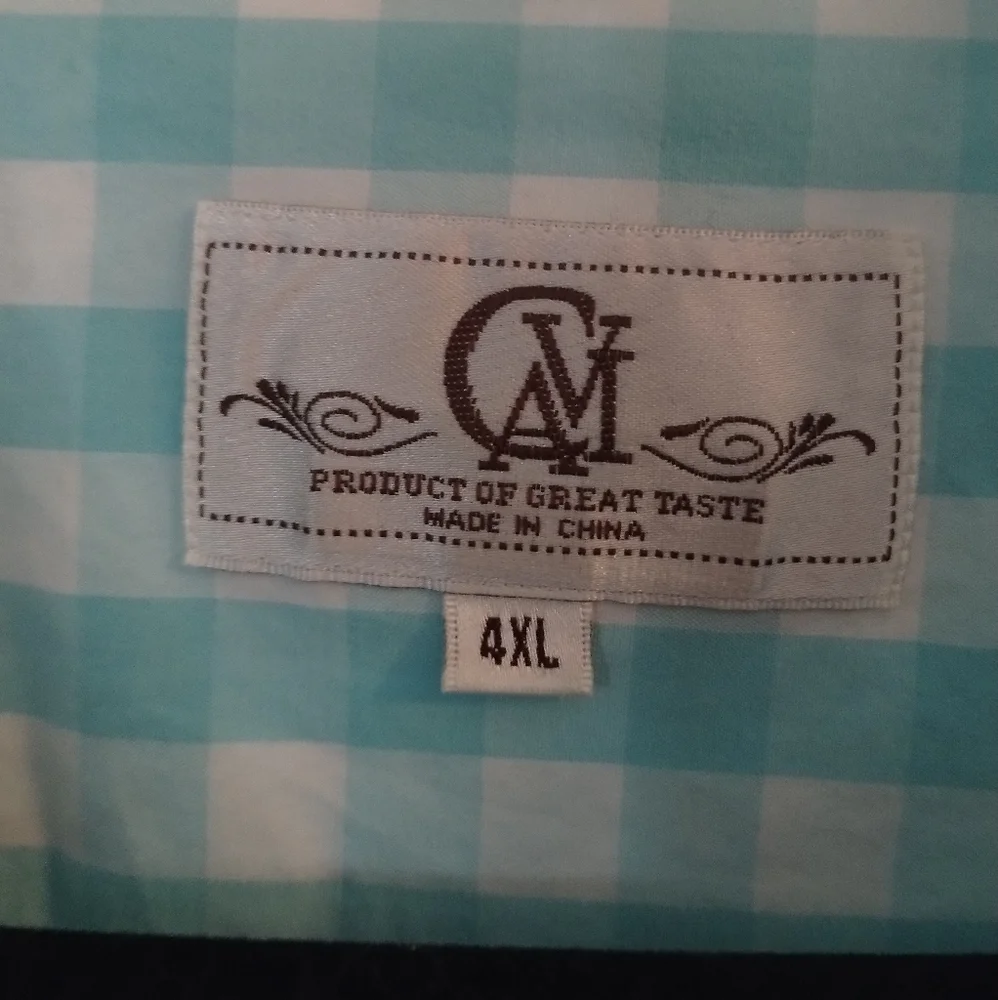Men's CAVI Short Sleeves Button Up Aqua White Gingham Collar Shirt 4x Big Tall - Picture 5 of 7